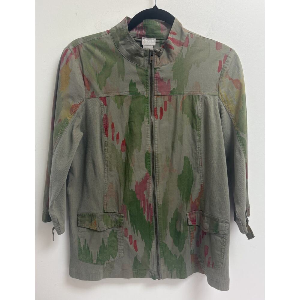 Chico's Zenergy Women Size 1 (M 8/10)‎ Green Multicolor Zip Front Utility Jacket